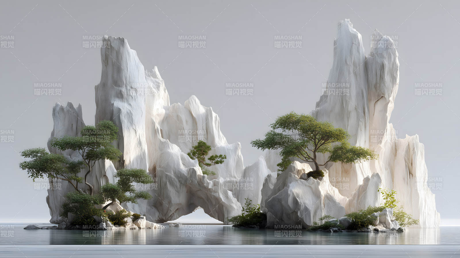 水墨山水風景圖景綠樹環繞石山-圖片