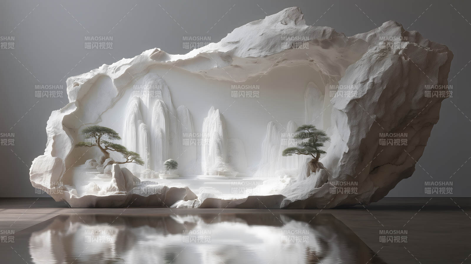 白色山水景观雕塑与水面倒影-图片