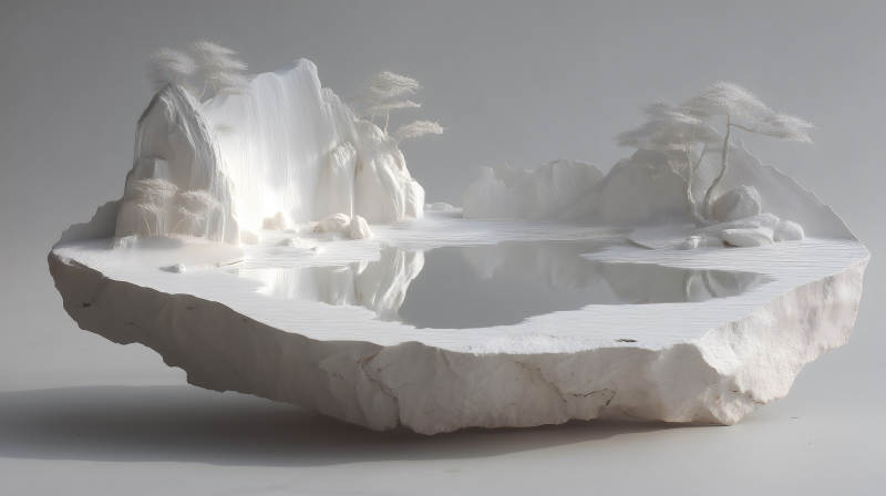 纯白山水景观雕塑漂浮于空中-图片