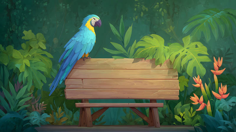 鸚鵡休憩于長椅上叢林風光-圖片