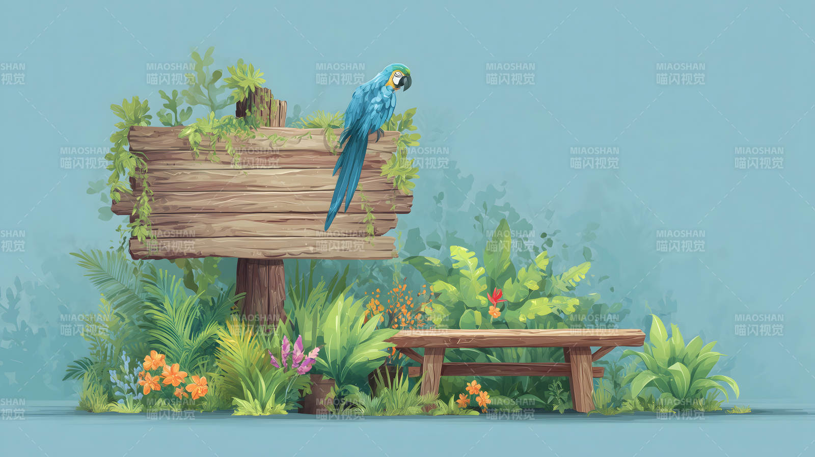 热带风情的公园场景蓝金刚鹦鹉休憩-图片