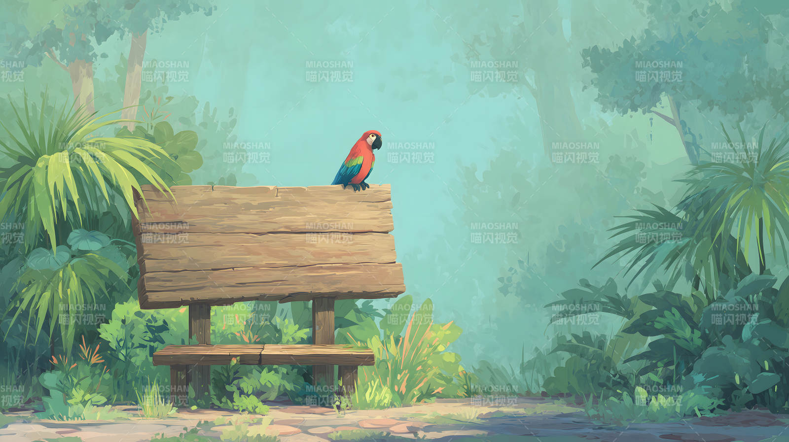 长椅鹦鹉静谧森林-图片