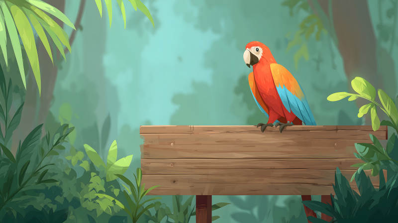 鸚鵡棲息木牌熱帶雨林風光-圖片