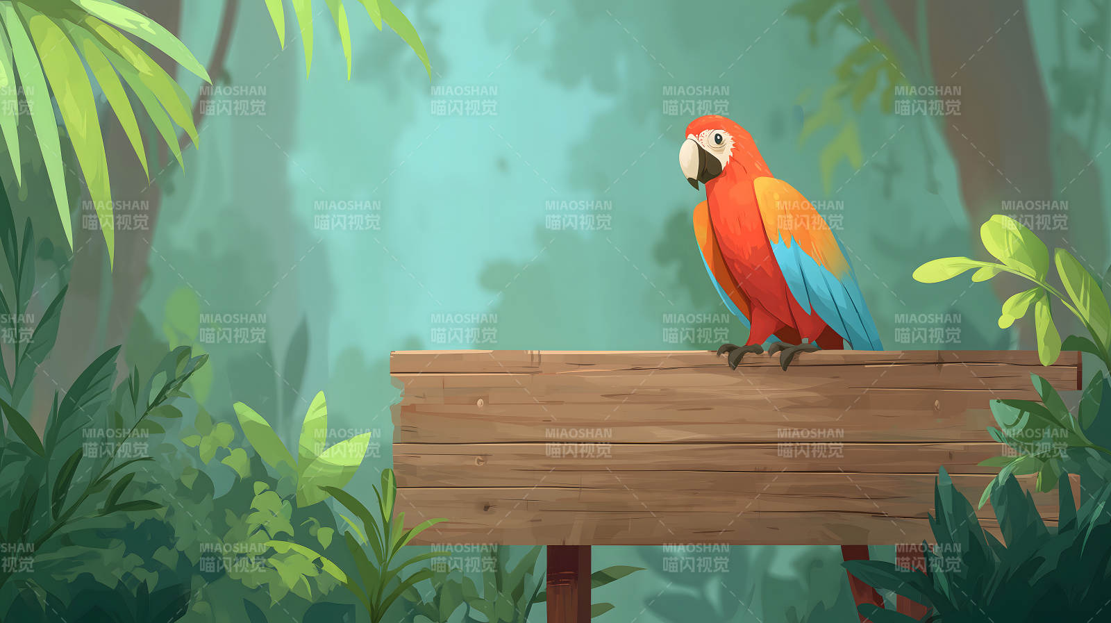 鹦鹉栖息木牌热带雨林风光-图片
