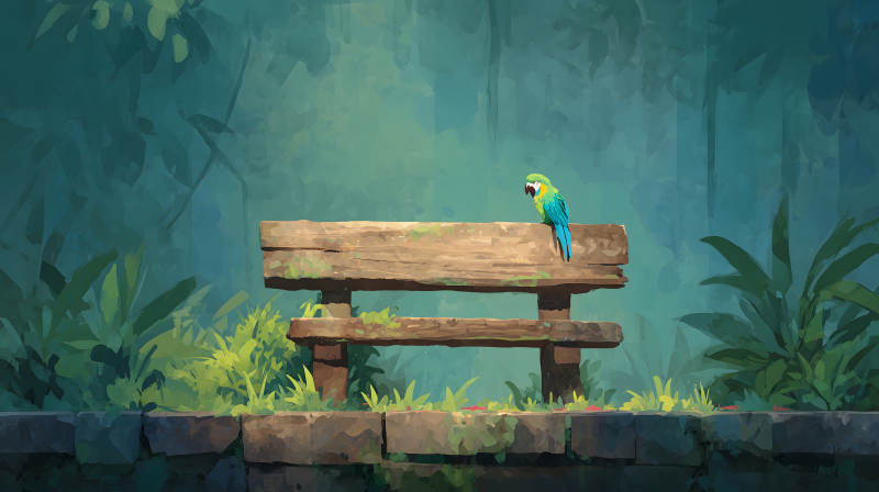 鸚鵡在長椅上休憩叢林景色迷人-圖片