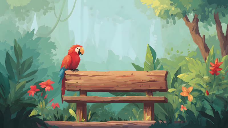熱帶雨林風光鸚鵡休憩木椅-圖片