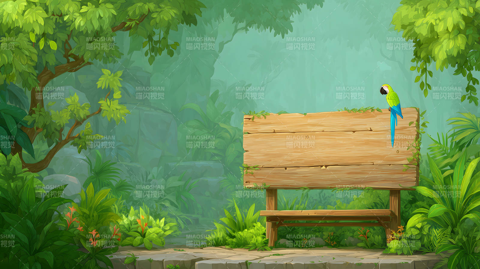 茂密森林里木制廣告牌與鸚鵡-圖片