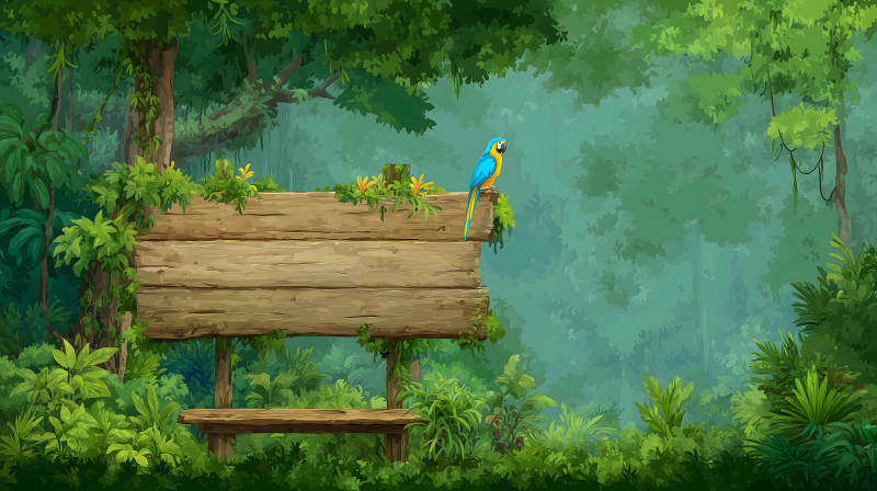 熱帶雨林中的木牌和鸚鵡-圖片