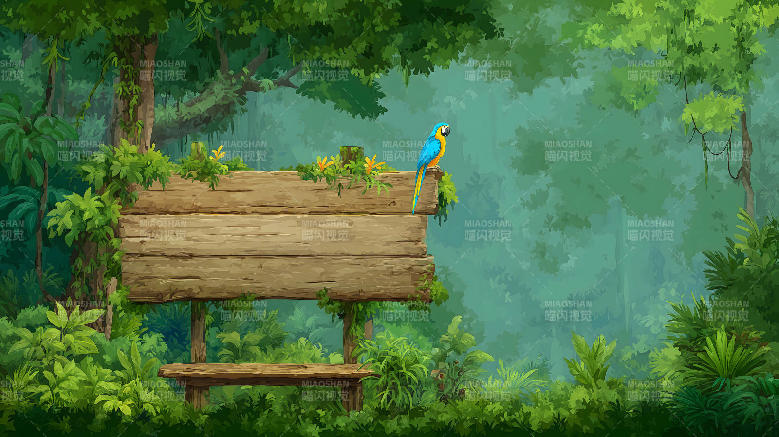 熱帶雨林中的木牌和鸚鵡-圖片