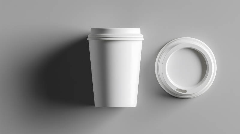 白色咖啡杯和杯蓋擺放在灰色背景上-圖片