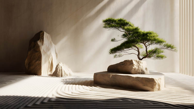 禅意风格景观树石砂砾光影交织-图片
