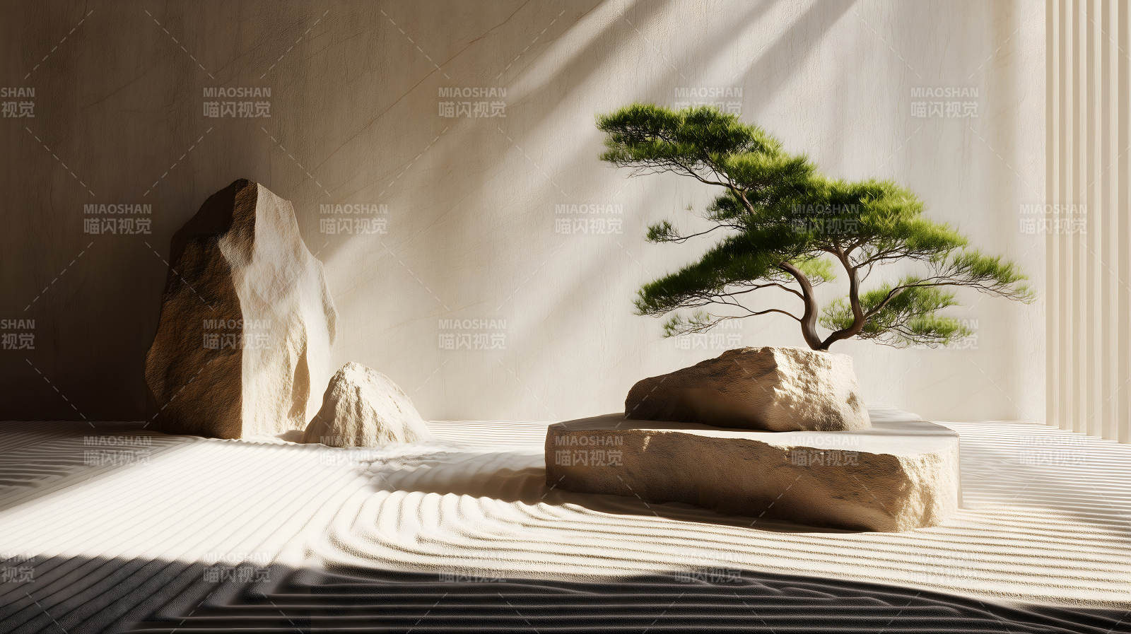 禅意风格景观树石砂砾光影交织-图片