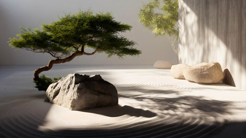 禅意花园树影斑驳光影-图片