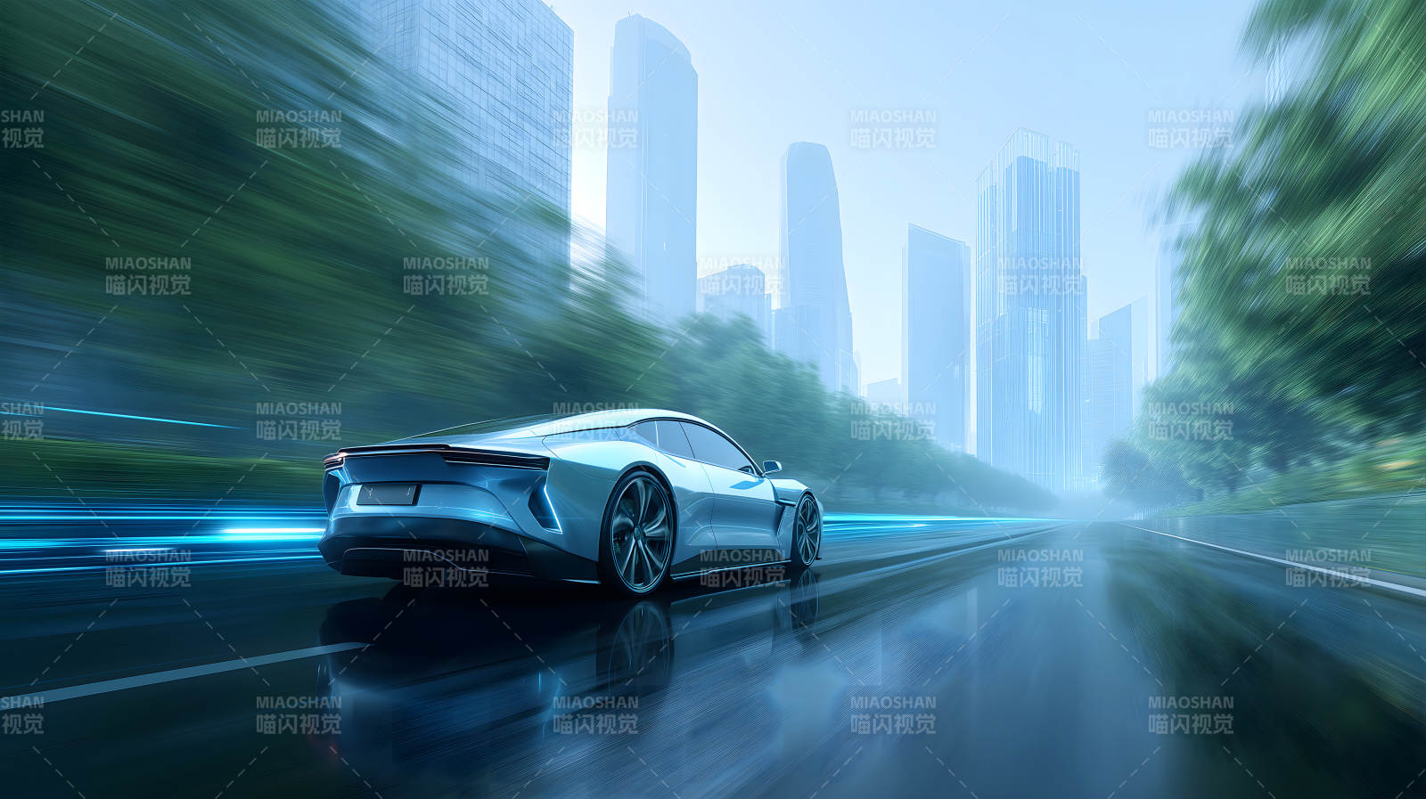 未來(lái)風(fēng)格的藍(lán)色汽車(chē)在城市道路上行駛-圖片