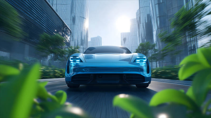 藍色汽車行駛在城市道路上-圖片