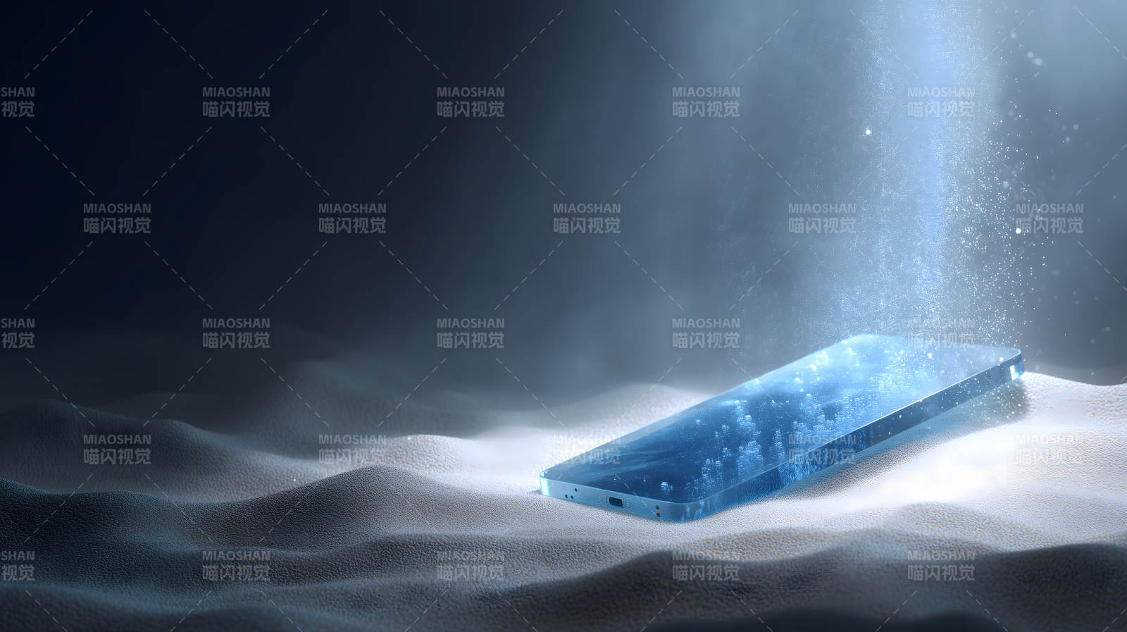 冰冻手机置于沙丘之上光线照耀-图片