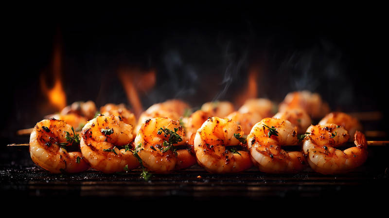 烤虾串在烤架上冒着热气-图片