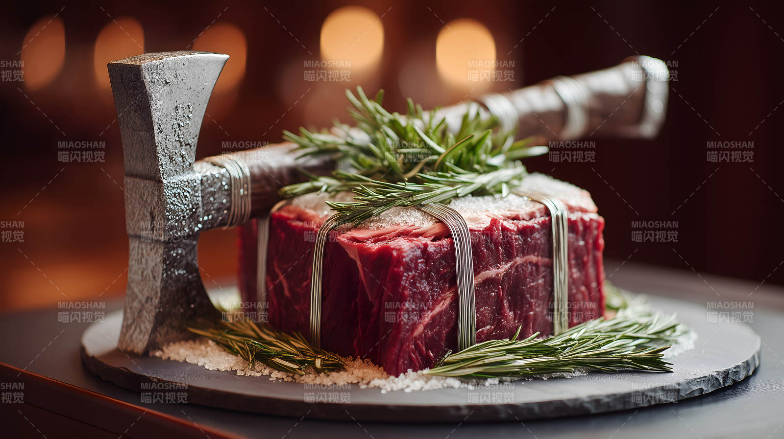 斧头插牛排的创意摆盘-图片