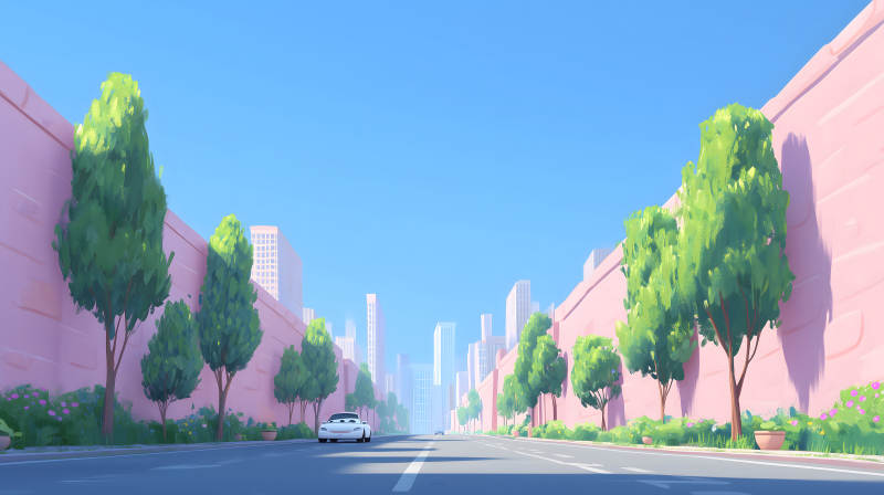 卡通風(fēng)格城市街道樹木-圖片