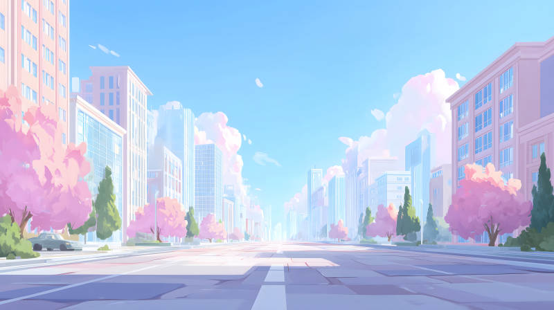 城市街道櫻花盛開陽光明媚風景-圖片
