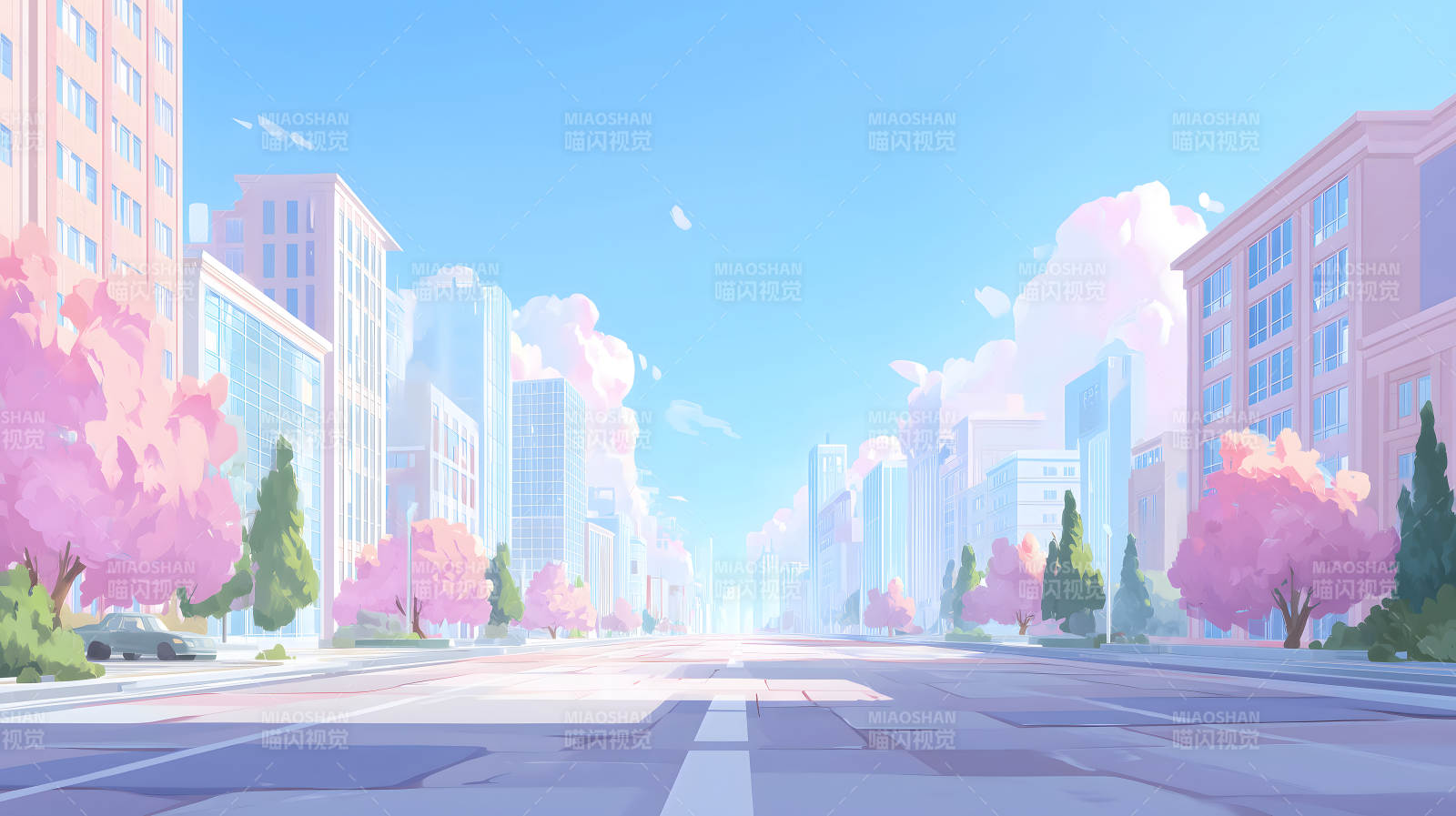 城市街道櫻花盛開陽光明媚風景-圖片