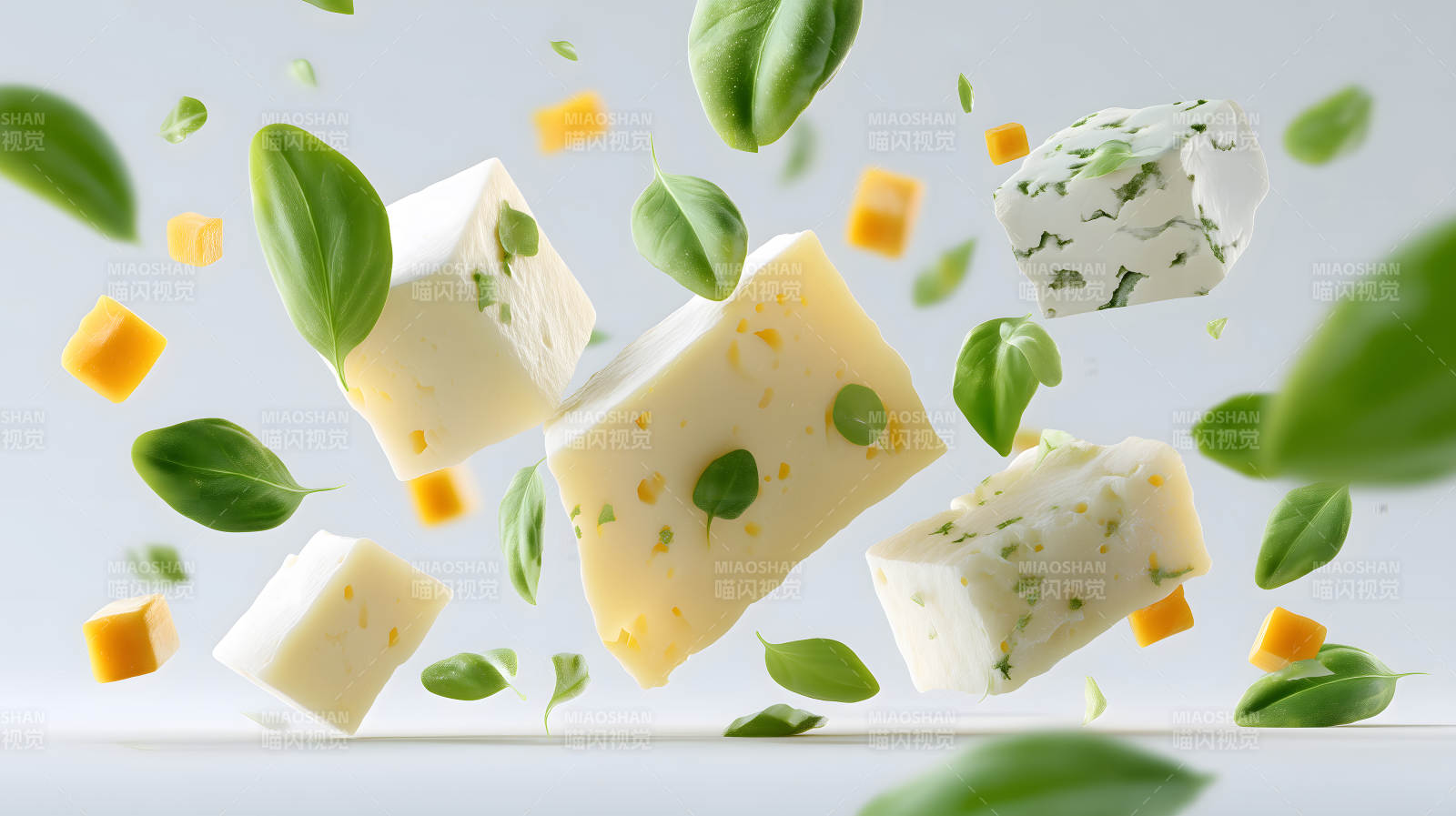 奶酪和罗勒叶漂浮构图-图片