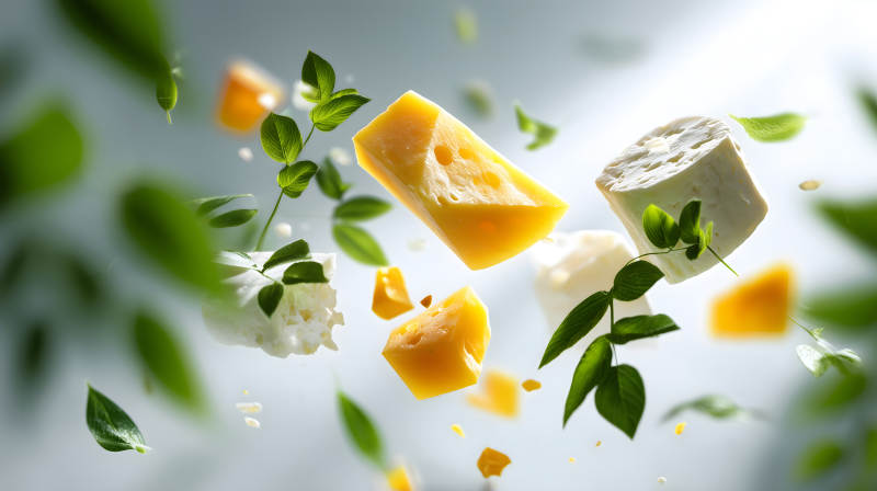 奶酪和绿叶飘浮场景-图片