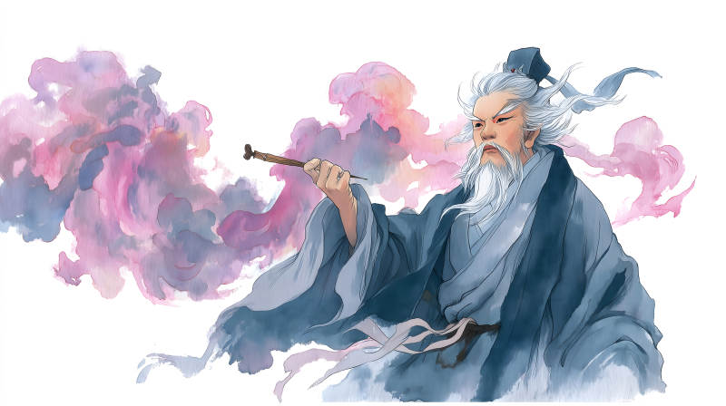 仙風道骨人物持煙斗噴煙-圖片