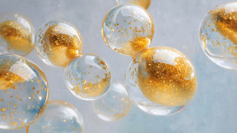 金光閃閃的透明氣泡懸浮畫面-圖片
