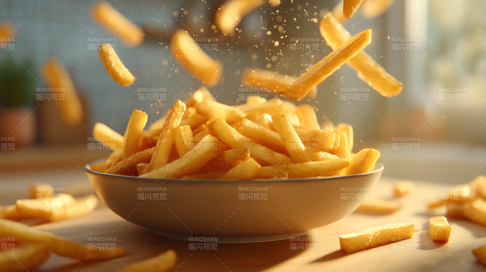 炸薯条飞溅在碗里-图片