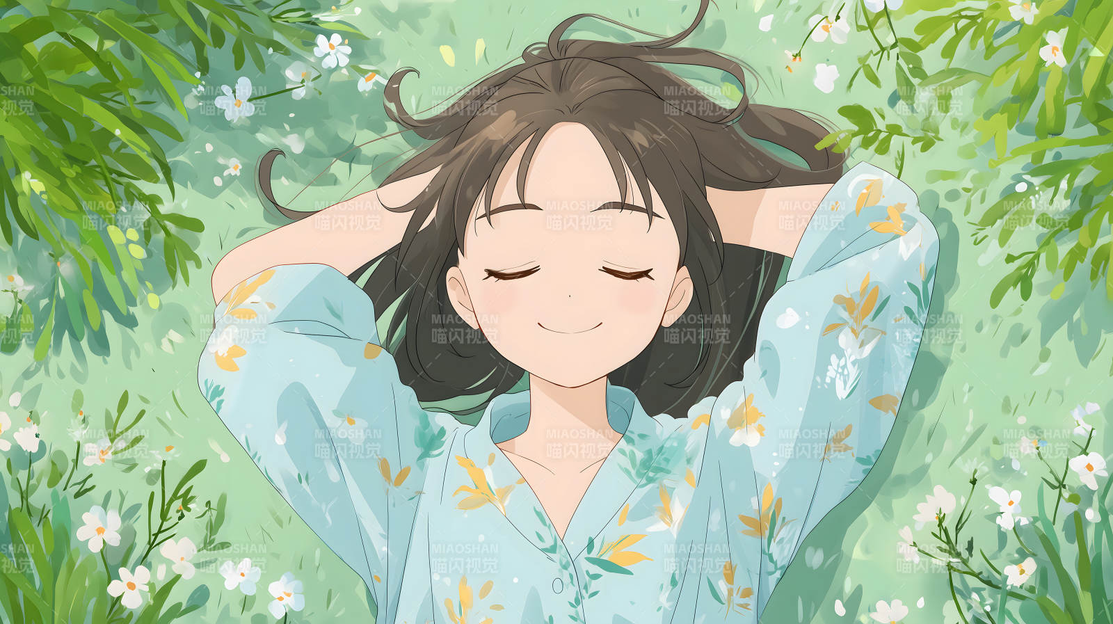 女孩躺在草地上放松-圖片