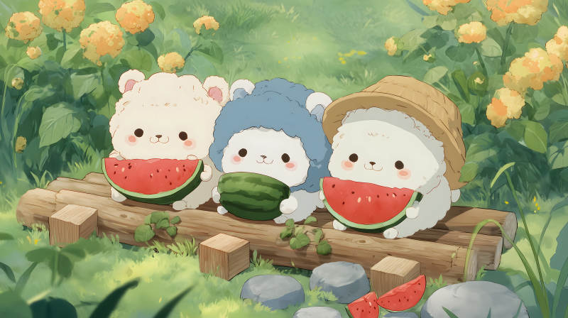 可愛小動物享用西瓜-圖片