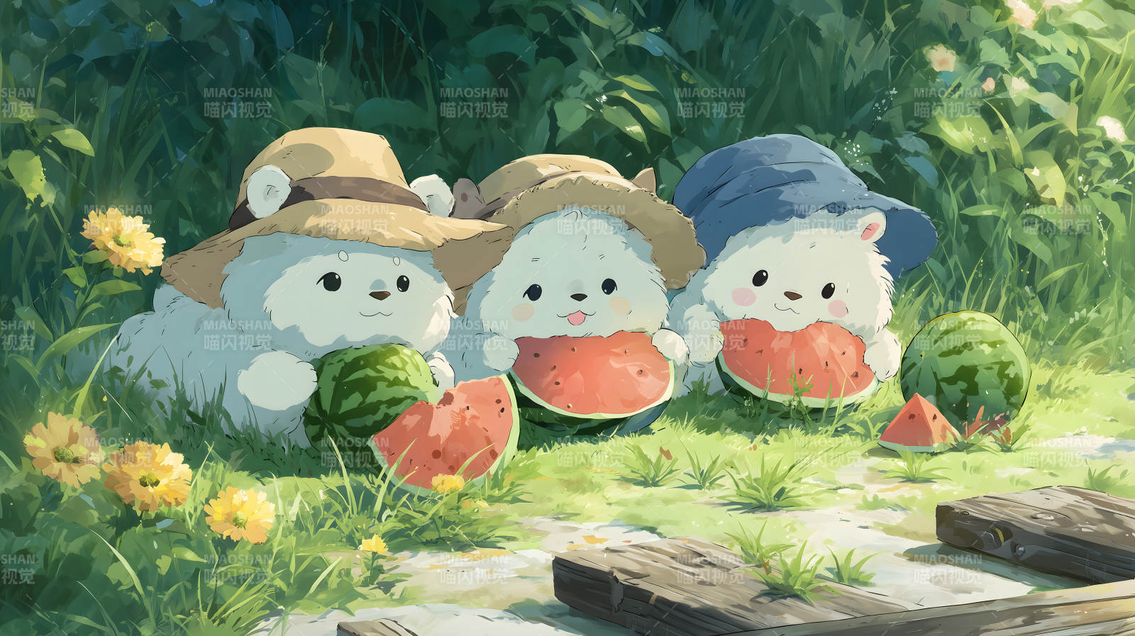 可愛(ài)小熊夏日吃西瓜-圖片