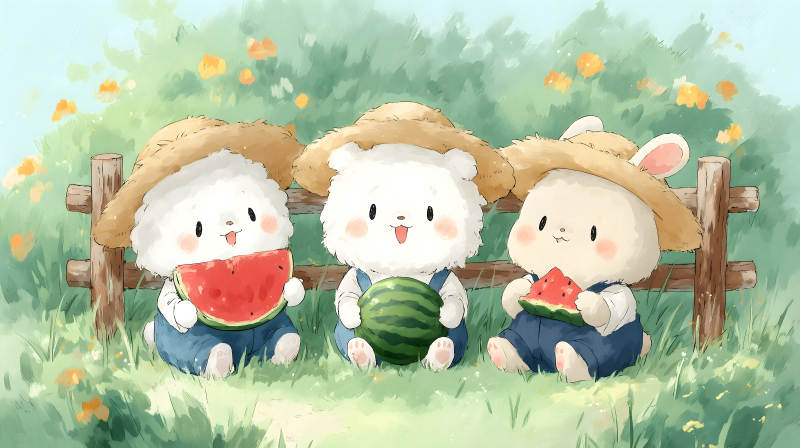 小動物們享用水果在草地上-圖片