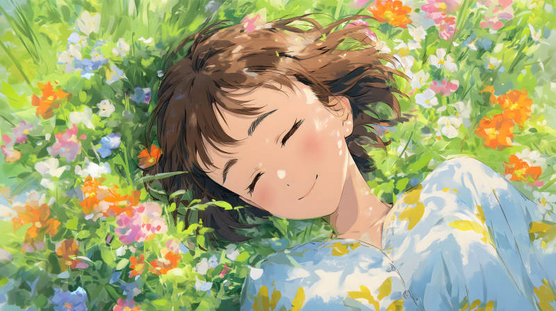 女孩躺在花叢中享受陽光-圖片