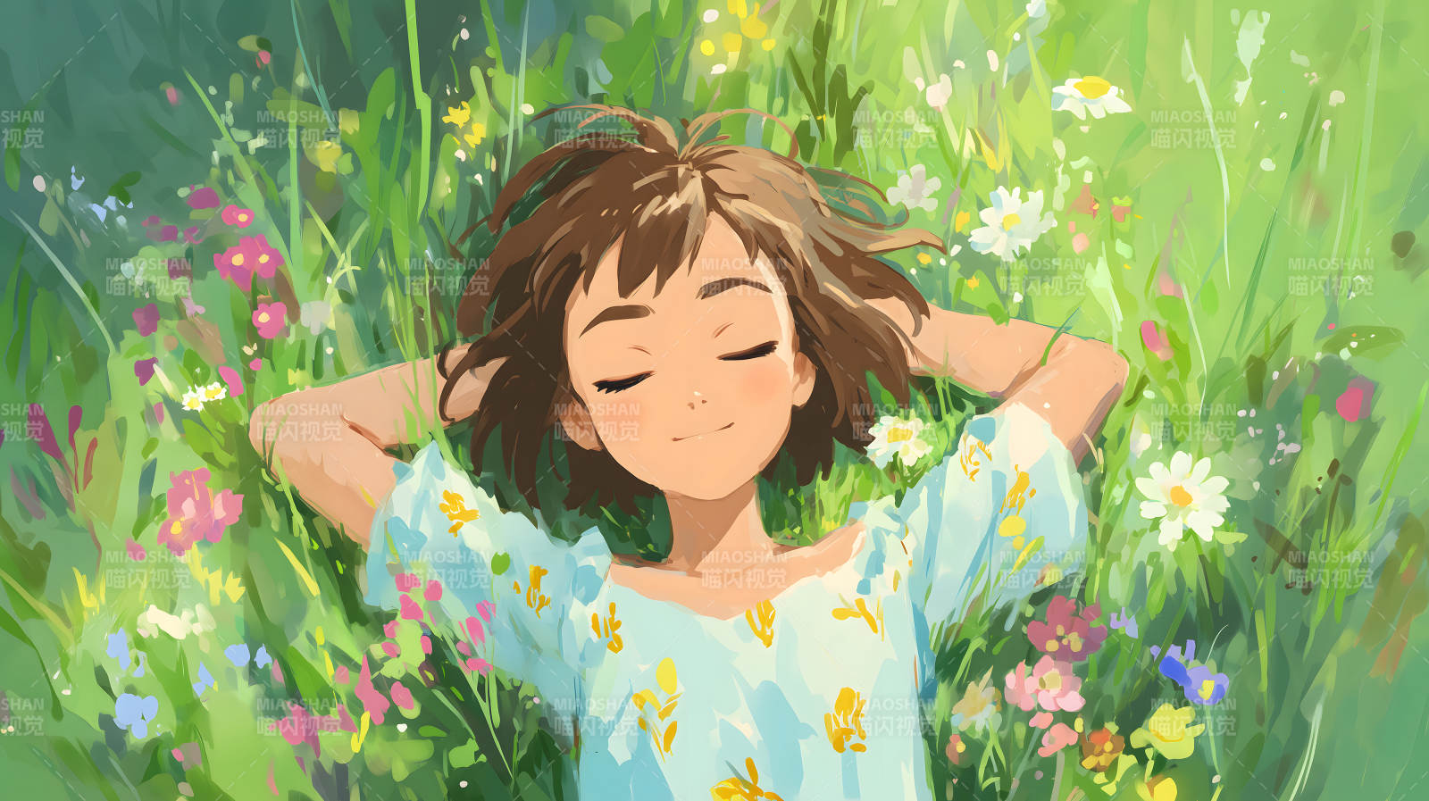 少女仰臥草地微風拂面-圖片