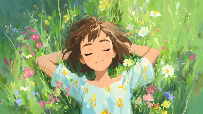 少女仰臥草地微風(fēng)拂面-圖片