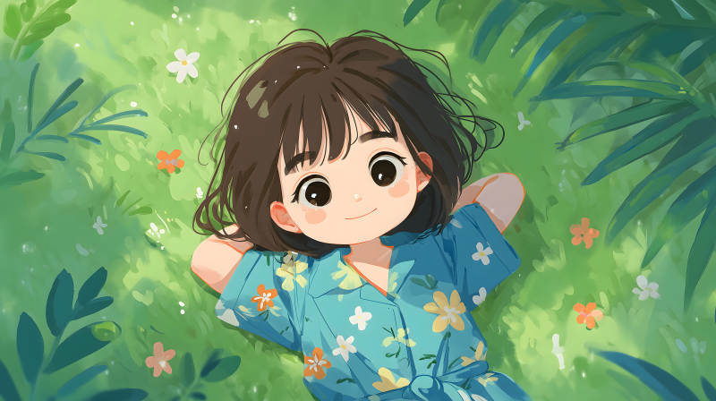 女孩在草地上放松-圖片