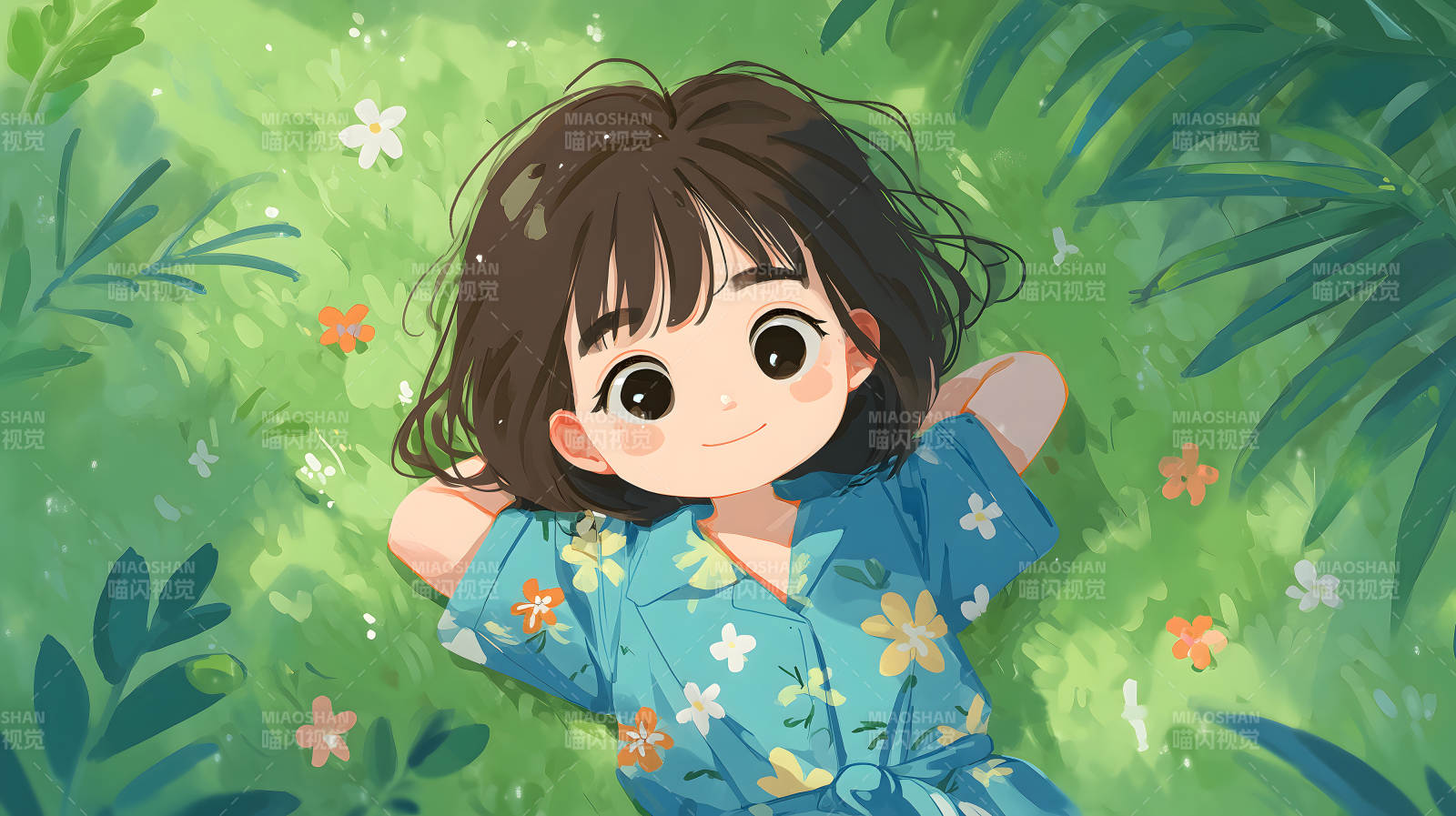 女孩在草地上放松-圖片