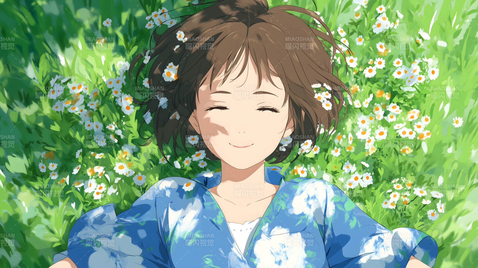 少女在草地上享受陽光-圖片