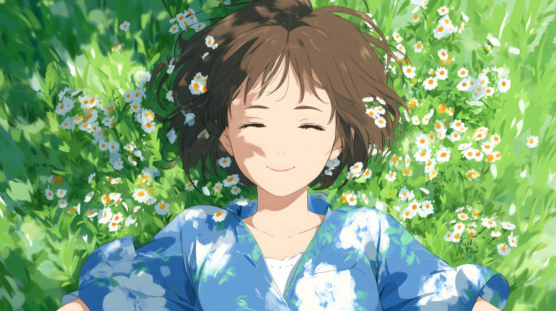 少女在草地上享受陽光-圖片