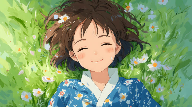 女孩躺草地微笑陽光明媚心情愉悅-圖片