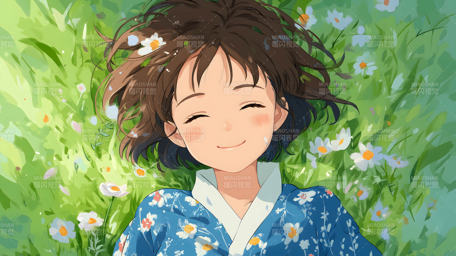 女孩躺草地微笑陽光明媚心情愉悅-圖片