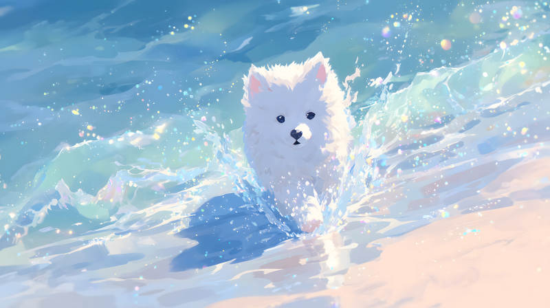 可愛小狗在海水中嬉戲-圖片