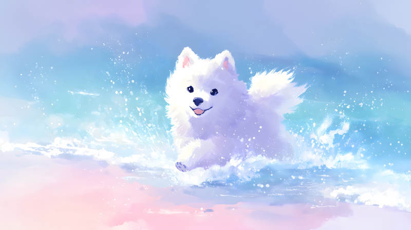 可愛狗狗海邊玩耍的卡通畫-圖片