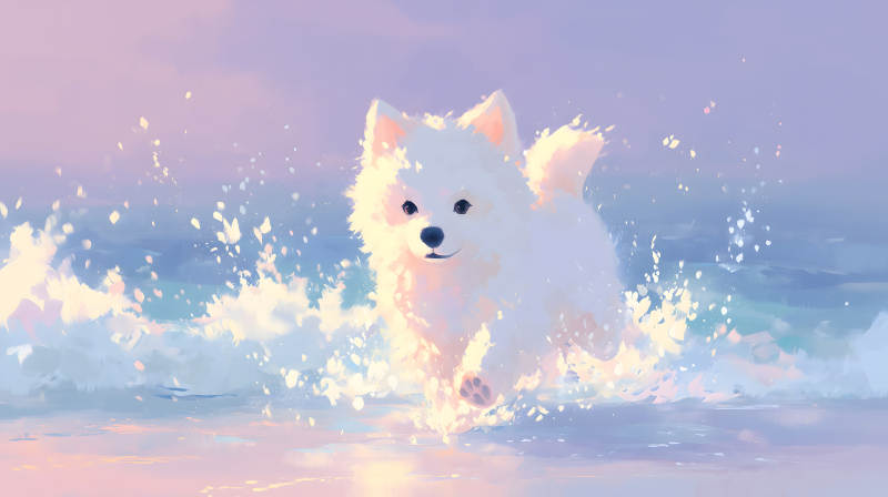 小狗在海里玩耍畫面唯美治愈-圖片