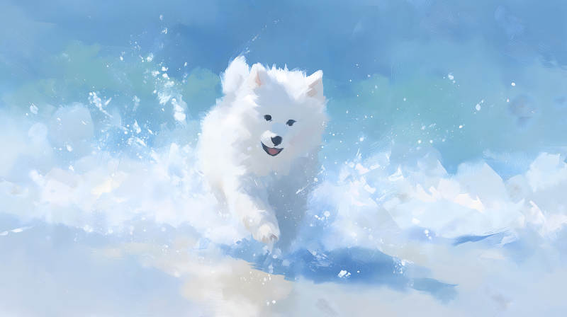 薩摩耶在水中歡快奔跑-圖片