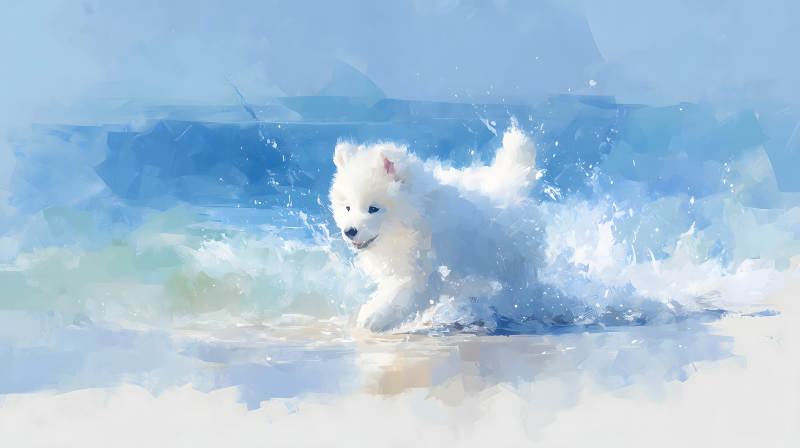 小狗在海浪中嬉戲-圖片