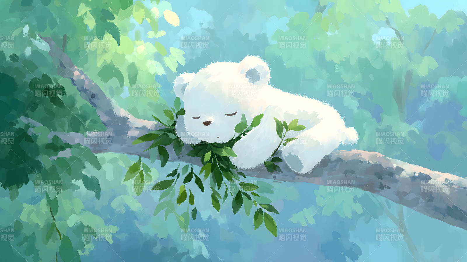 小熊樹上睡覺綠葉環(huán)繞圖片