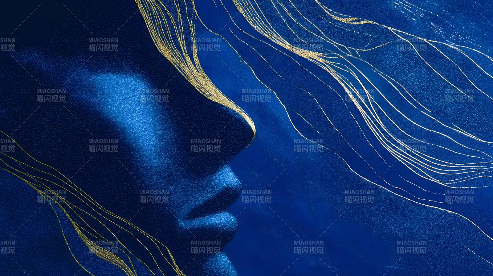 蓝色脸庞金色线条抽象艺术-图片